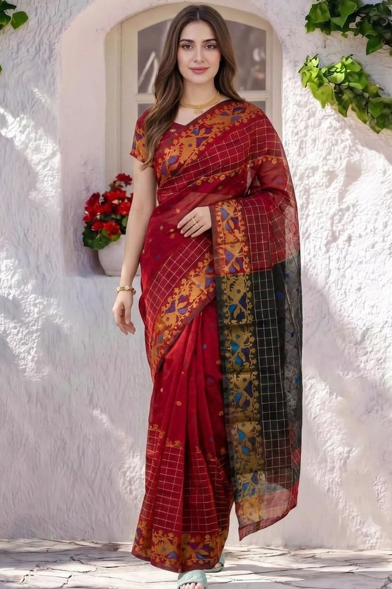 Royal Cotton Tat Jamdani- Meroon