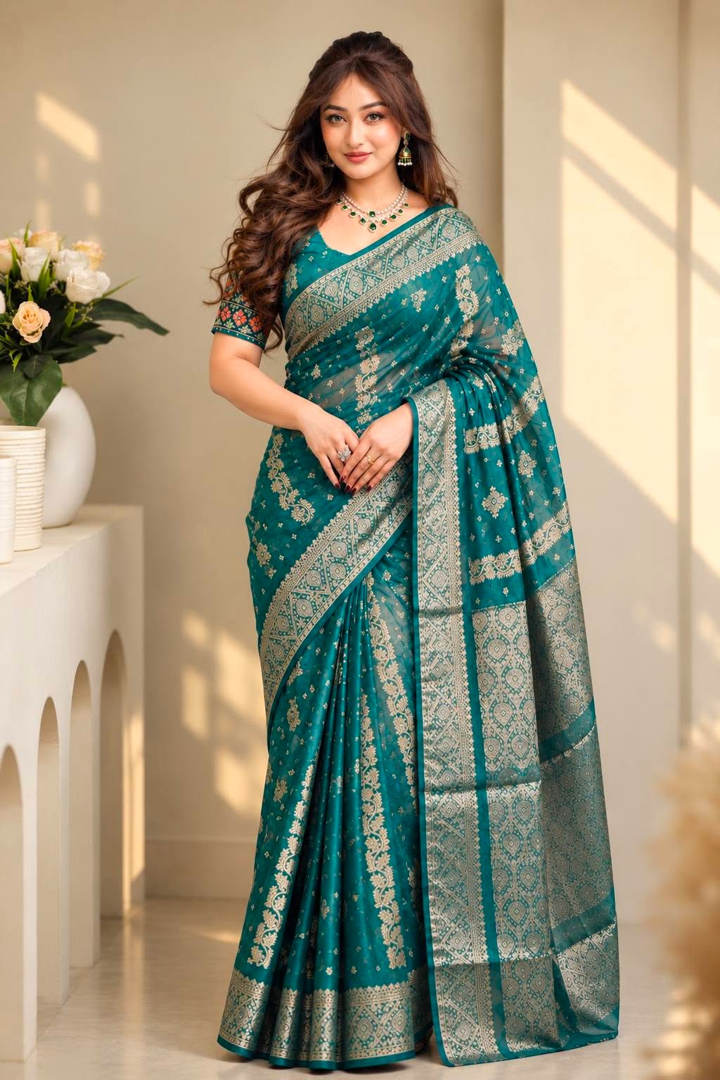 Premium Teal Green Jamdani Saree - Image 2