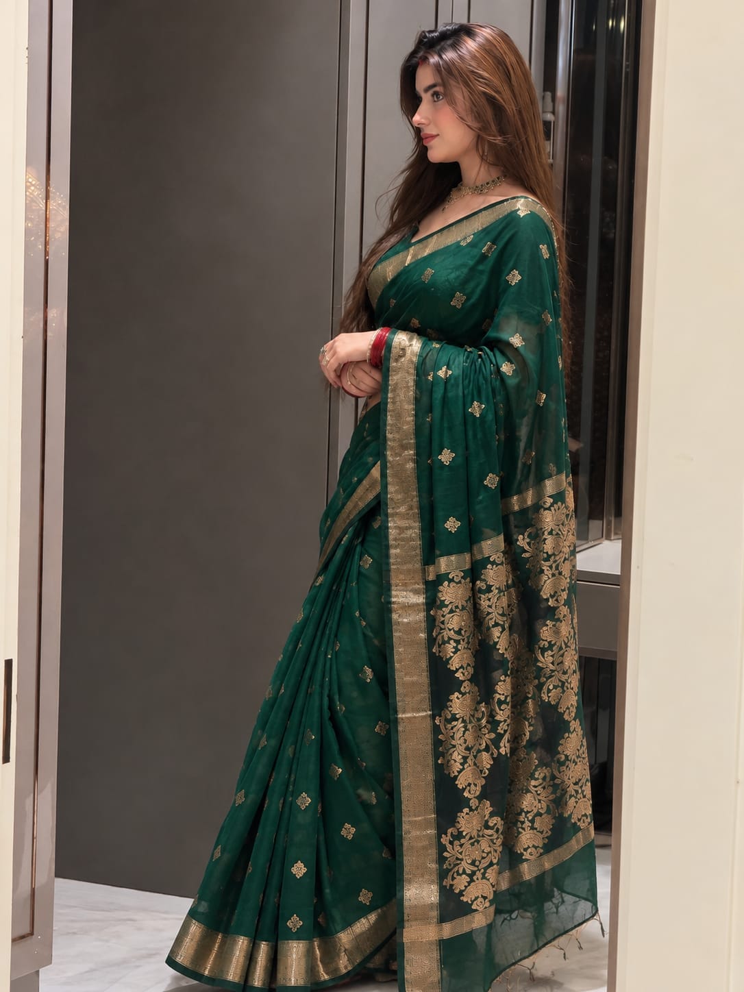 Premium Soft Organza Silk- Botle Green - Image 2