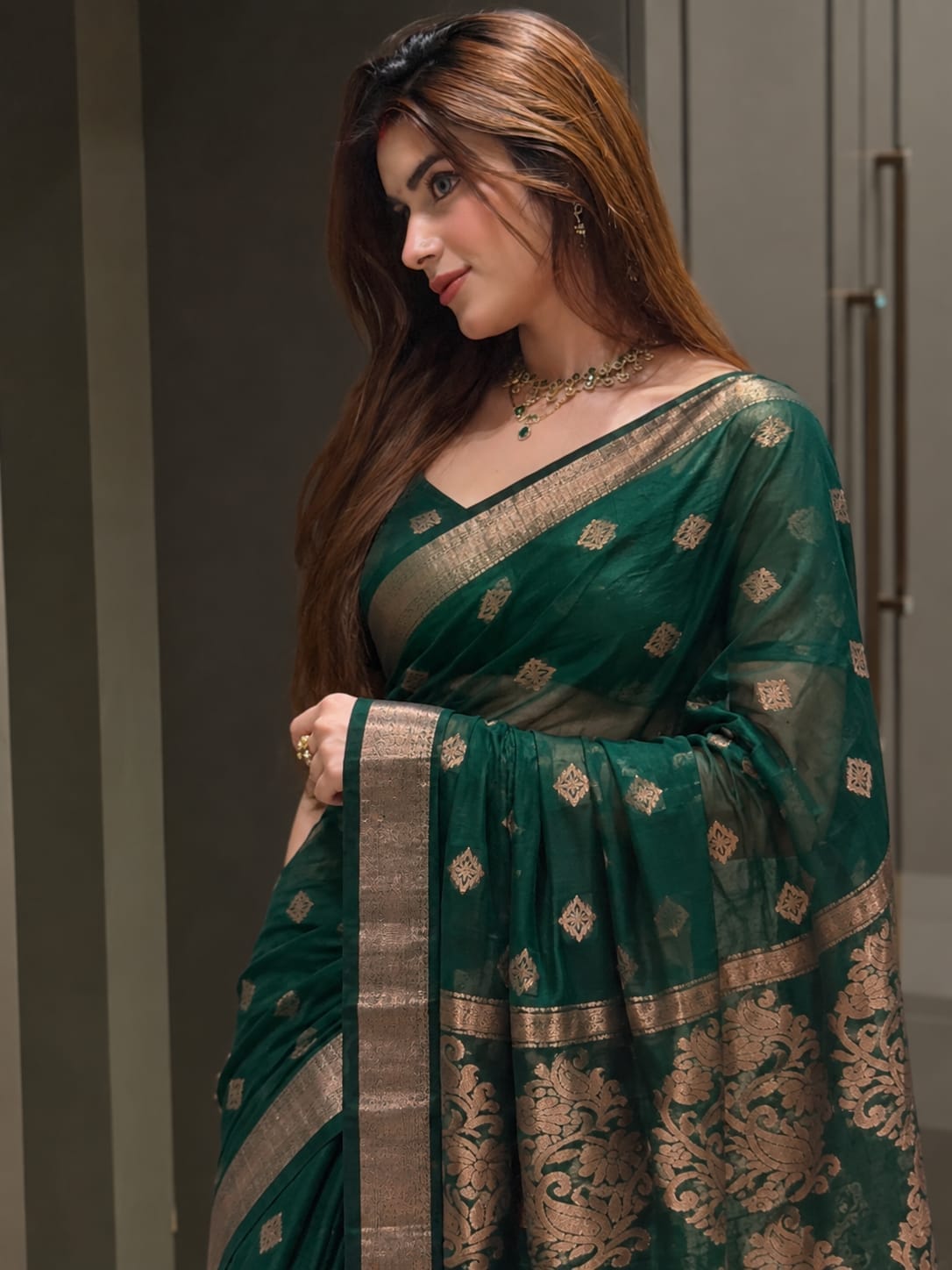 Premium Soft Organza Silk- Botle Green - Image 3